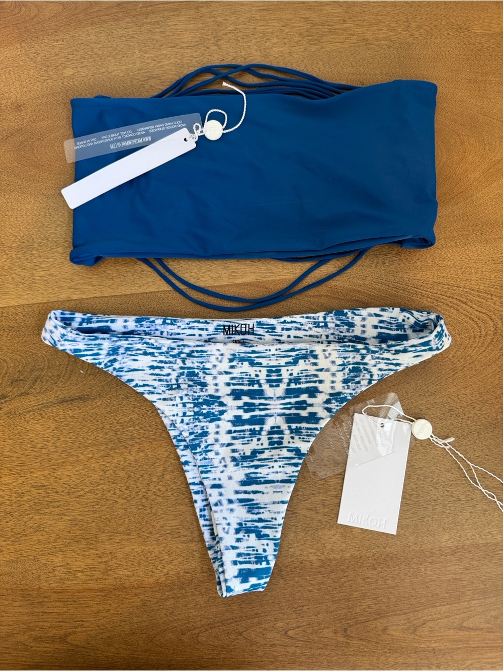 Mikoh Blue Solid Bandeau Top with Blue & White Patterned Bikini Bottom